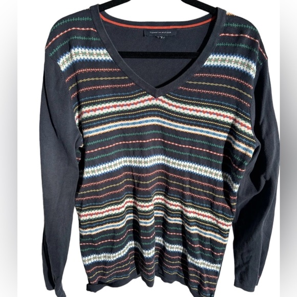 VTG Tommy Hilfiger Womens Knit Sweater Size L Navy Striped V Neck Long‎ Sleeves - Picture 1 of 7